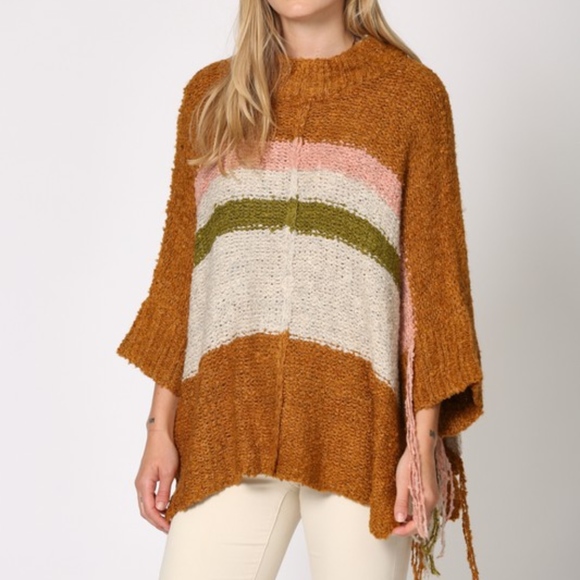 Last 1! NWT Boho fringe striped poncho Sweater - Picture 6 of 9